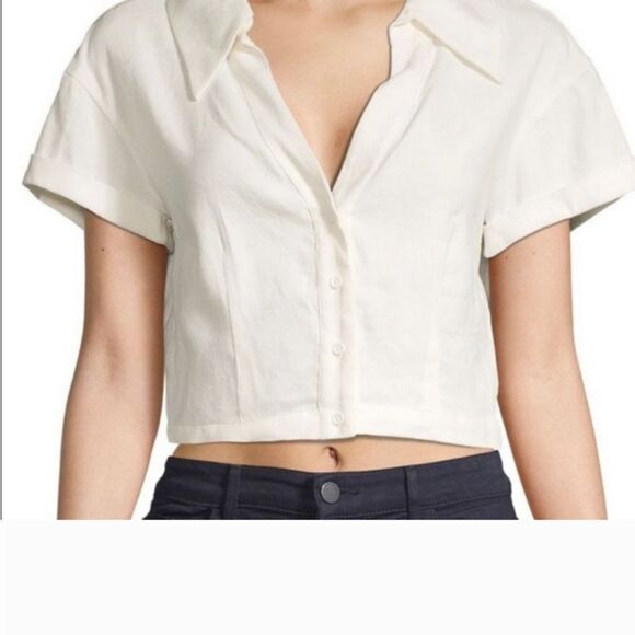 Alice and Olivia Cropped Short Sleeve button down  Collared Shirt size L - Picture 1 of 8